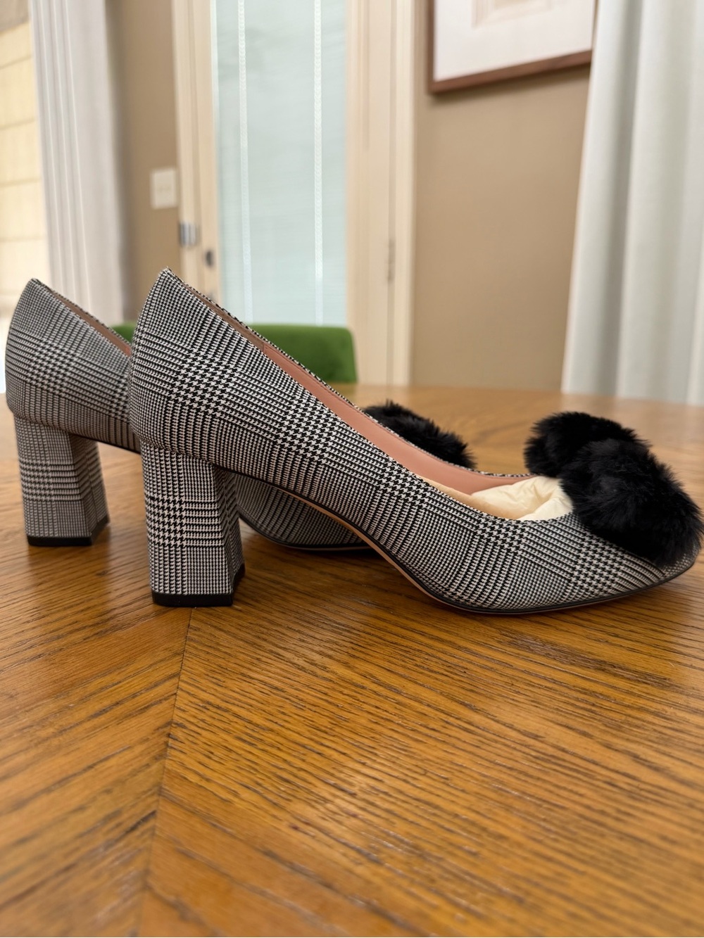 Kate Spade Houndstooth Block-Heel Pumps with Black Fur Accent